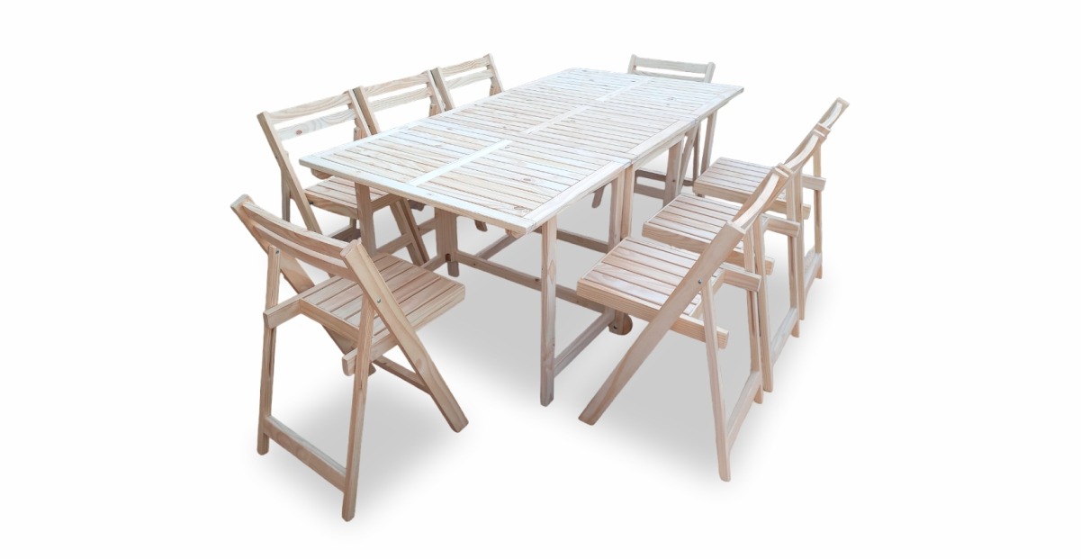 Mesa Libro 1.80x0.90 de Madera de Pino + 8 Sillas coati Pino